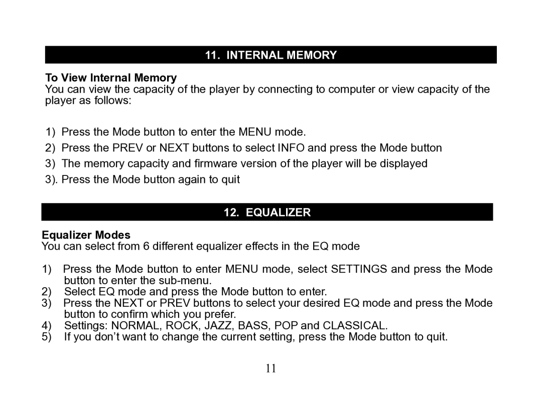 Nextar MA110 instruction manual Internal memory, To View Internal Memory, Equalizer Modes 