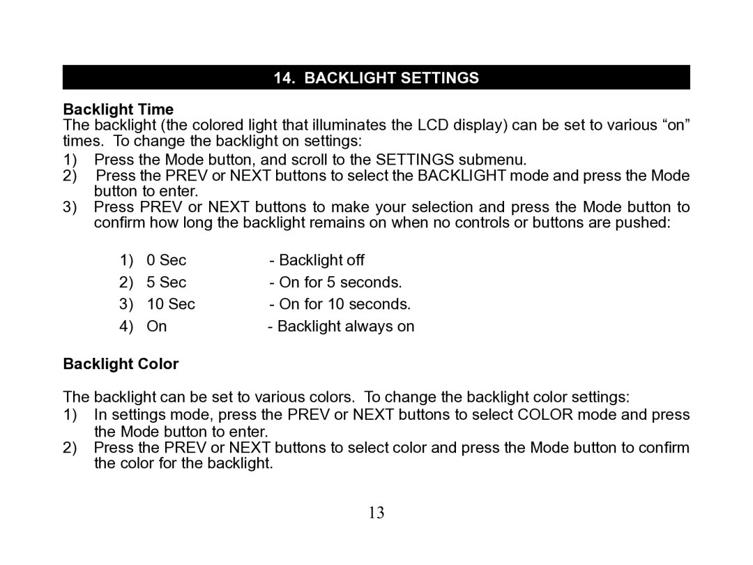 Nextar MA110 instruction manual Backlight settings, Backlight Time, Backlight Color 