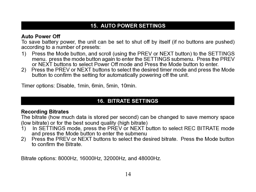 Nextar MA110 instruction manual Auto power settings, Auto Power Off, Bitrate settings, Recording Bitrates 