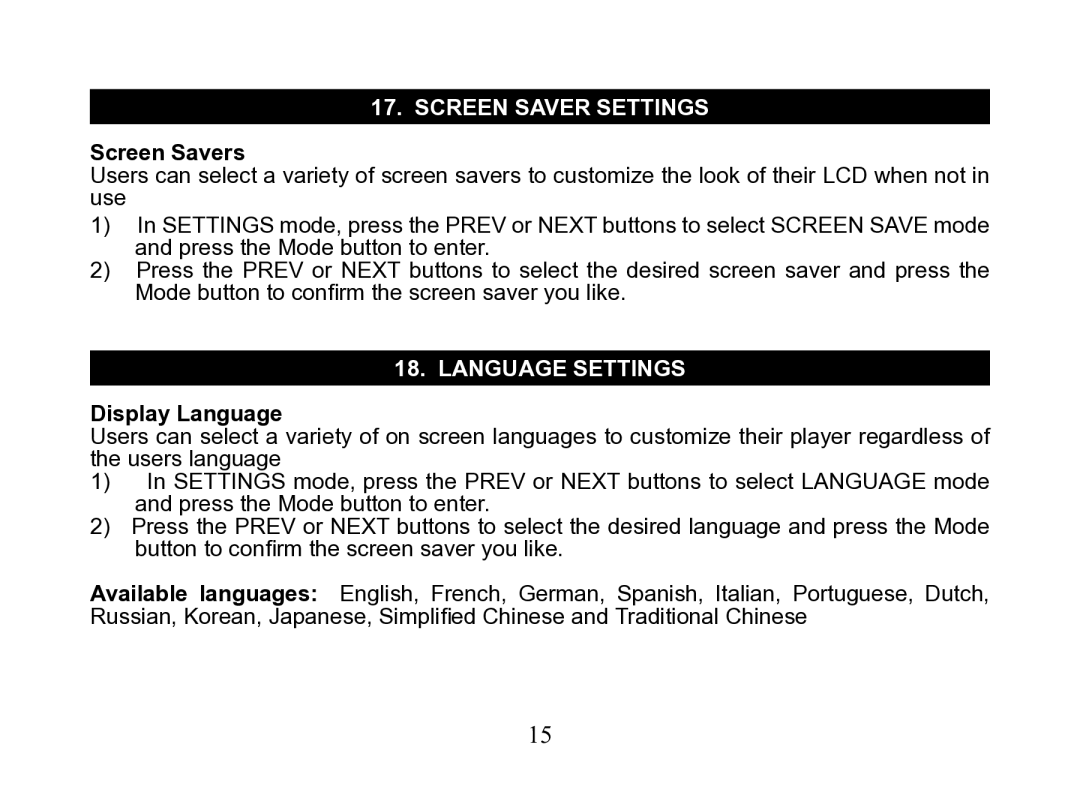 Nextar MA110 instruction manual Screen saver settings, Screen Savers, Language settings, Display Language 