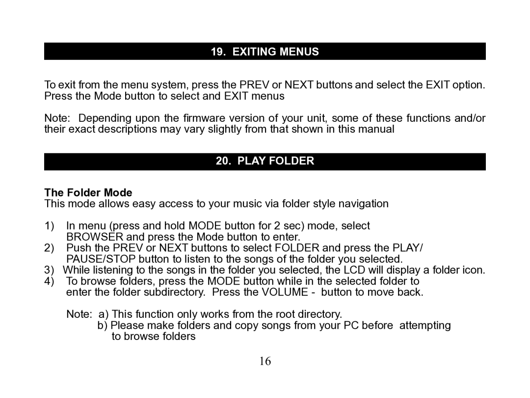 Nextar MA110 instruction manual Exiting menus, Play folder, Folder Mode 