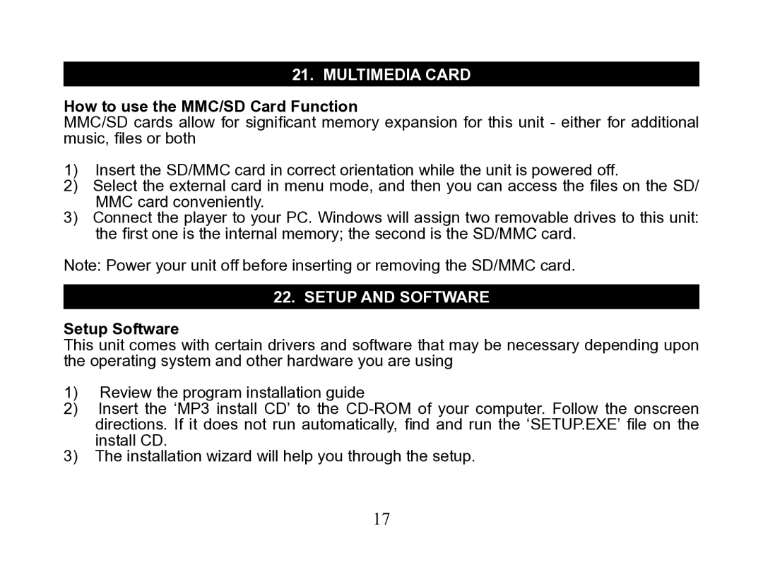 Nextar MA110 instruction manual Multimedia Card, How to use the MMC/SD Card Function, Setup and software, Setup Software 