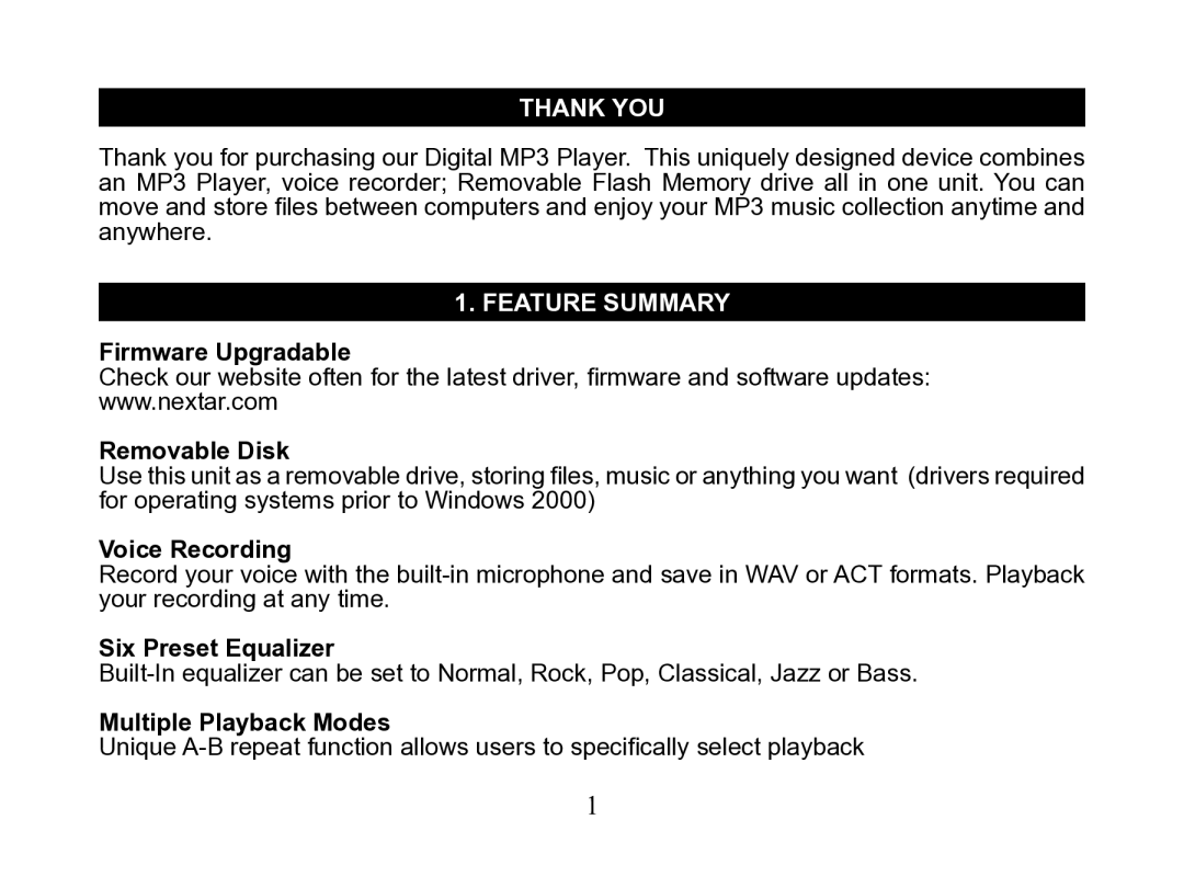 Nextar MA110 instruction manual Thank You, Feature Summary 