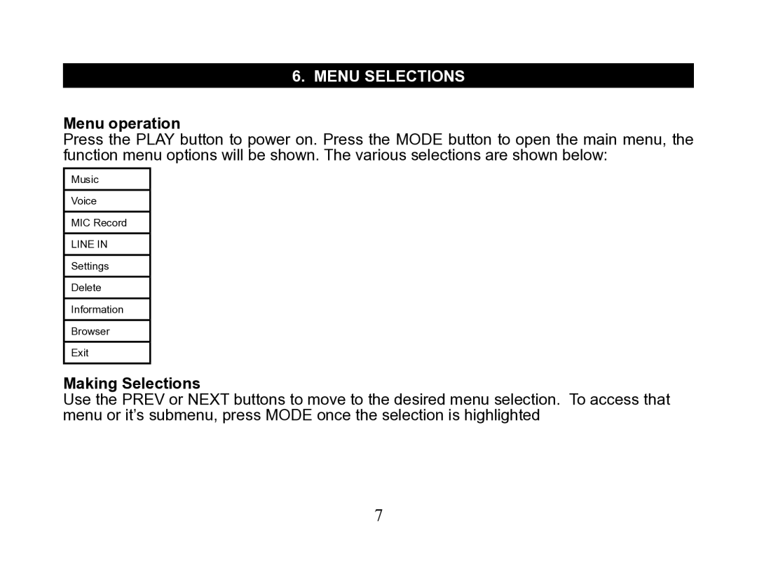 Nextar MA110 instruction manual Menu selections, Menu operation, Making Selections 