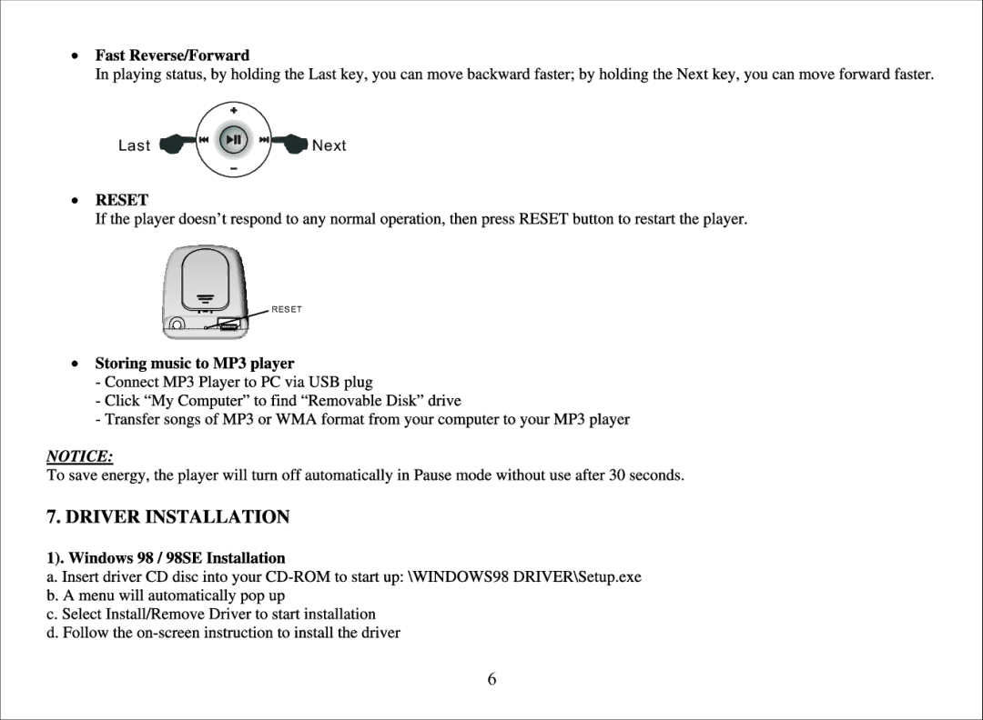 Nextar MA166 manual Reset 