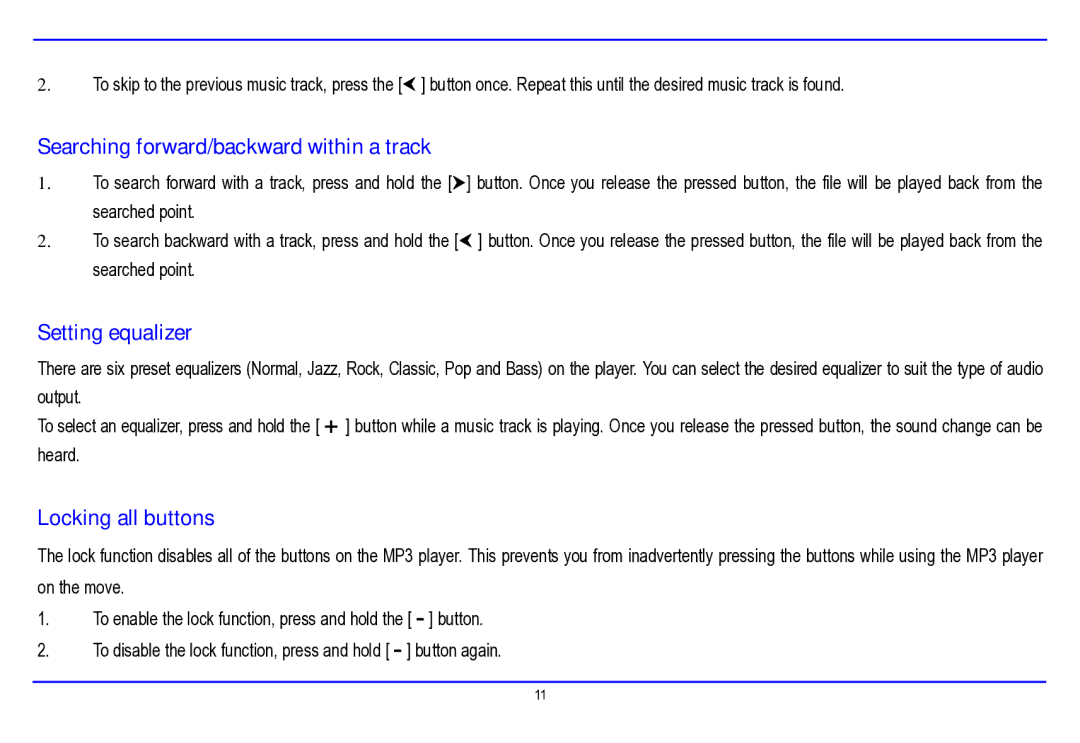 Nextar MA177 manual Searching forward/backward within a track, Setting equalizer, Locking all buttons 