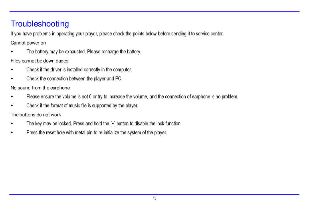 Nextar MA177 manual Troubleshooting, Files cannot be downloaded 