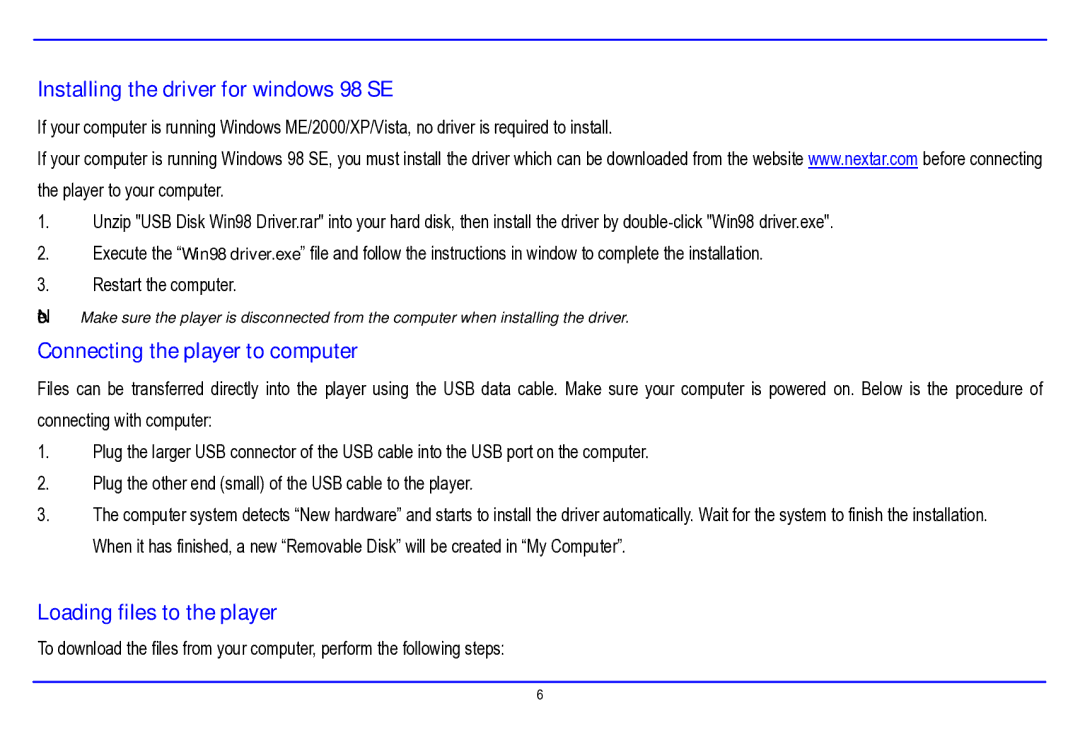 Nextar MA177 manual Installing the driver for windows 98 SE, Connecting the player to computer, Loading files to the player 