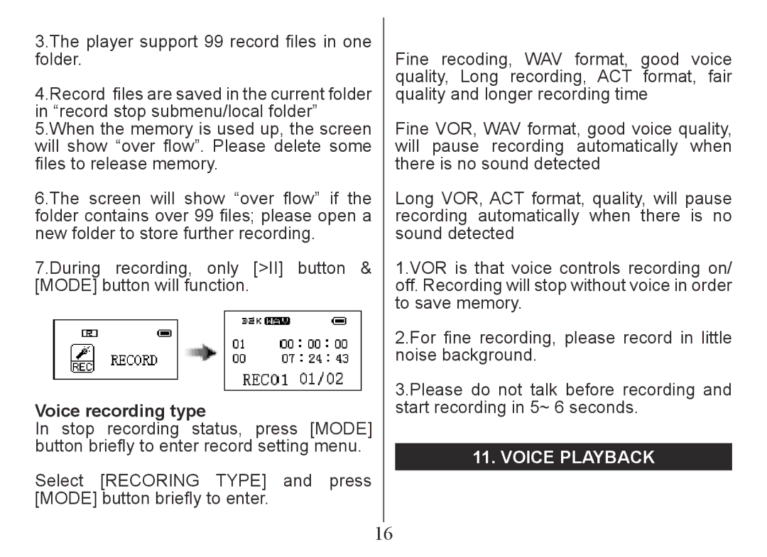 Nextar MA201 instruction manual Voice recording type, Voice playback 