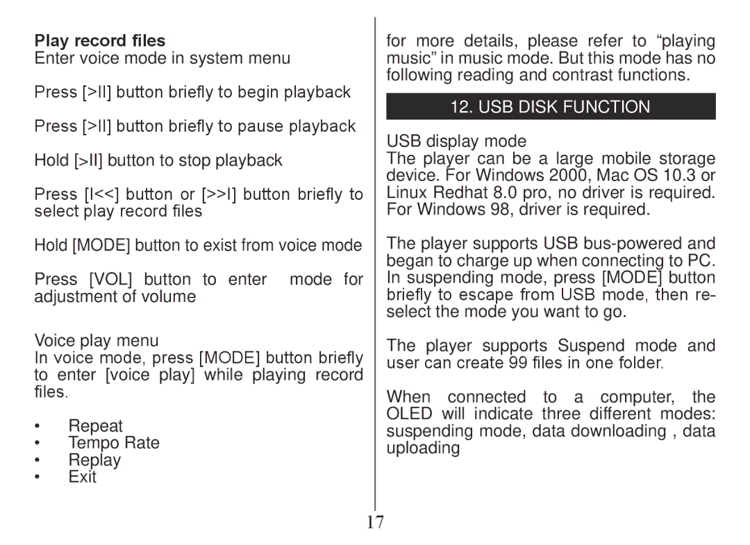 Nextar MA201 instruction manual Play record files, Voice play menu, USB disk function, USB display mode 