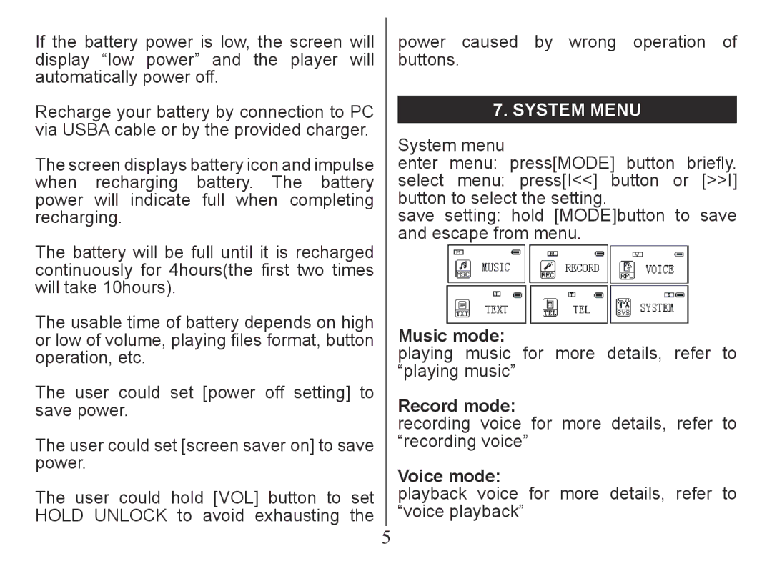 Nextar MA201 instruction manual System menu, Music mode, Record mode, Voice mode 