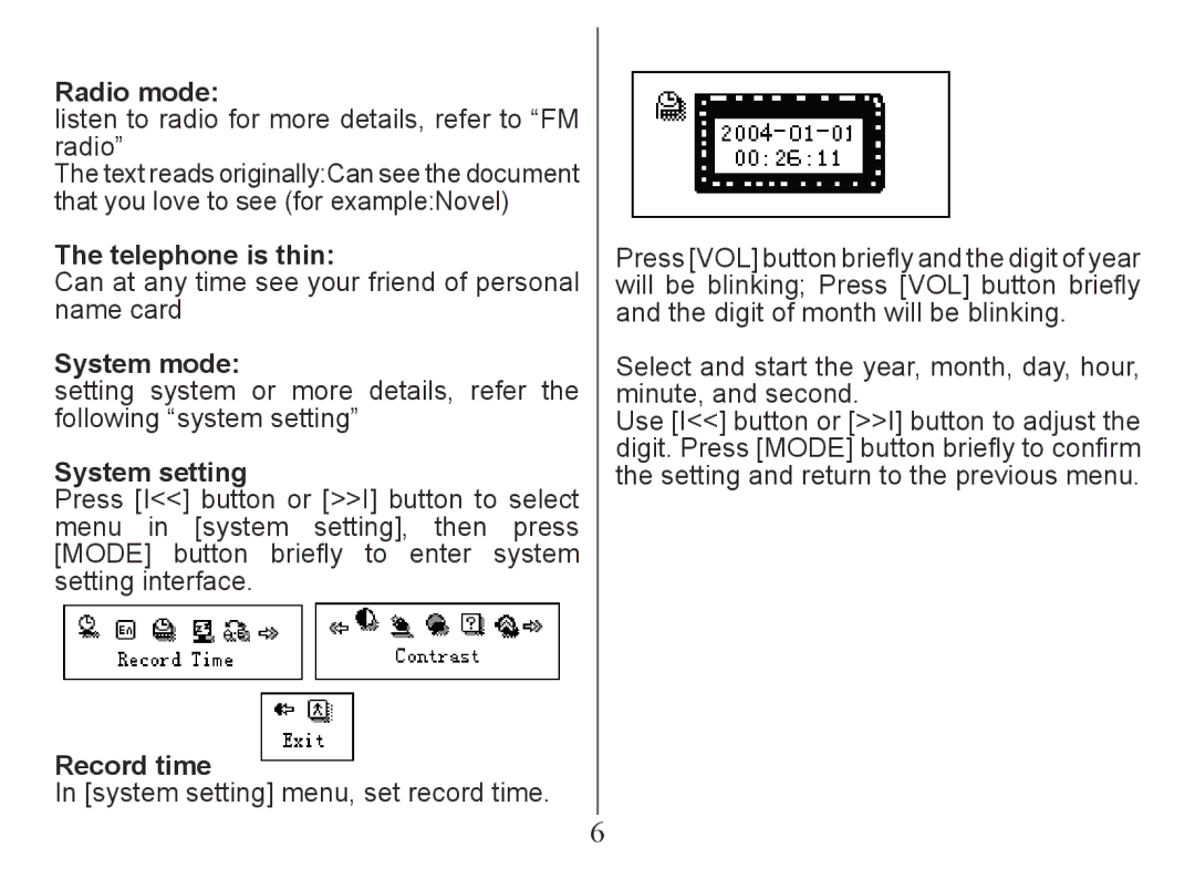 Nextar MA201 instruction manual Radio mode, Telephone is thin, System mode, System setting, Record time 