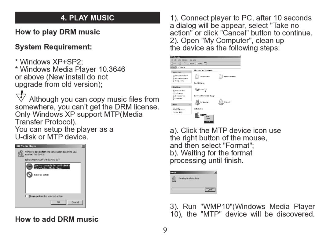 Nextar MA206 instruction manual Play Music, How to play DRM music System Requirement, How to add DRM music 