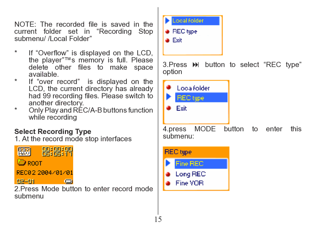 Nextar MA206 instruction manual Select Recording Type 