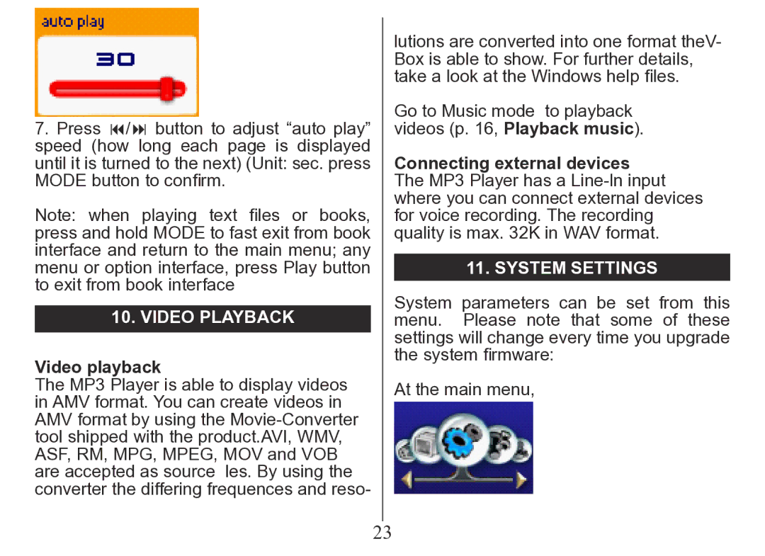 Nextar MA206 instruction manual Video playback, System Settings 