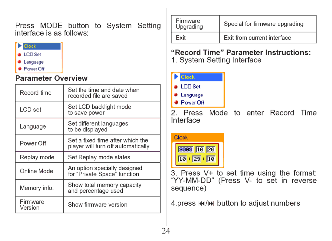 Nextar MA206 instruction manual Parameter Overview, Record Time Parameter Instructions 