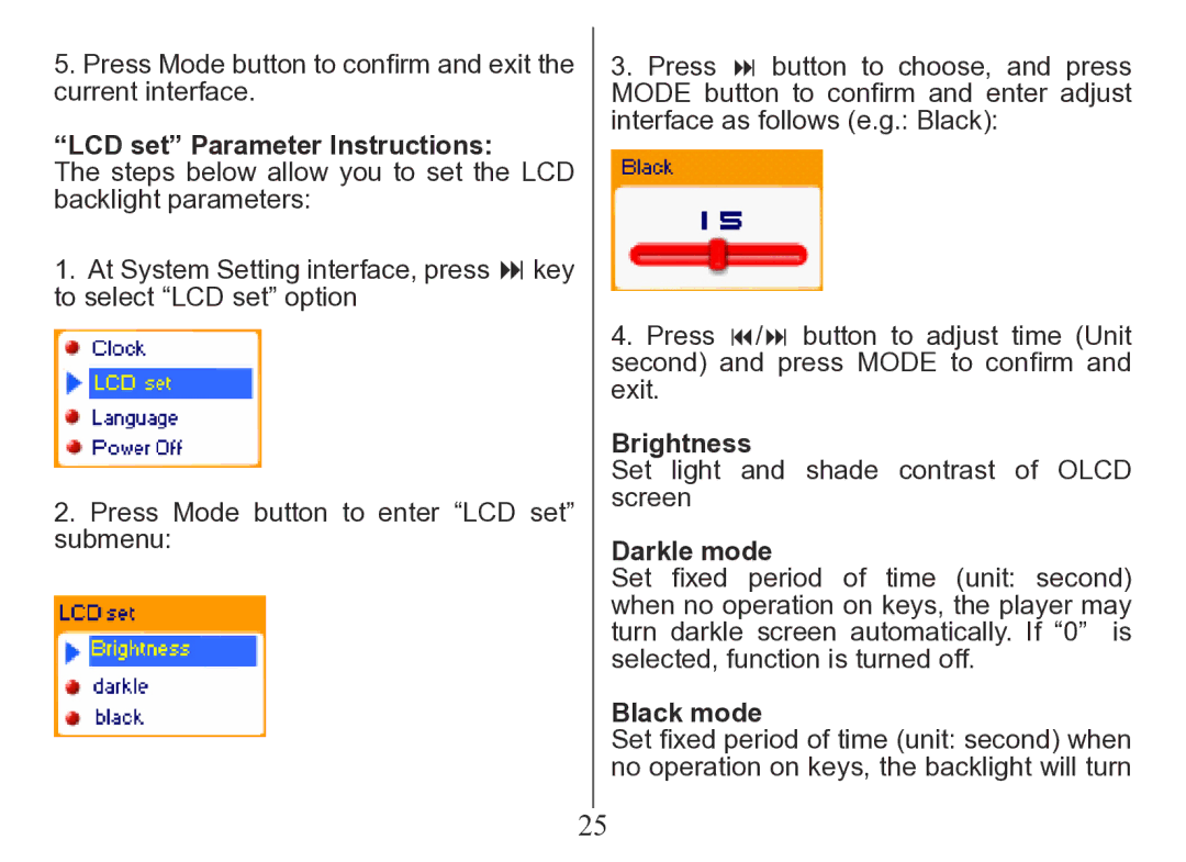 Nextar MA206 instruction manual LCD set Parameter Instructions, Brightness, Darkle mode, Black mode 