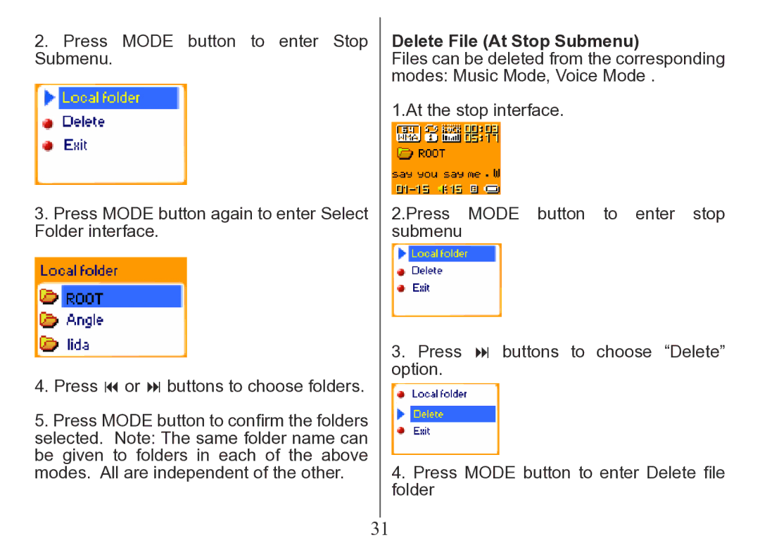 Nextar MA206 instruction manual Delete File At Stop Submenu 