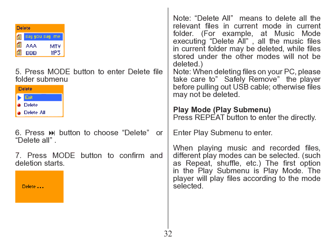 Nextar MA206 instruction manual Play Mode Play Submenu 