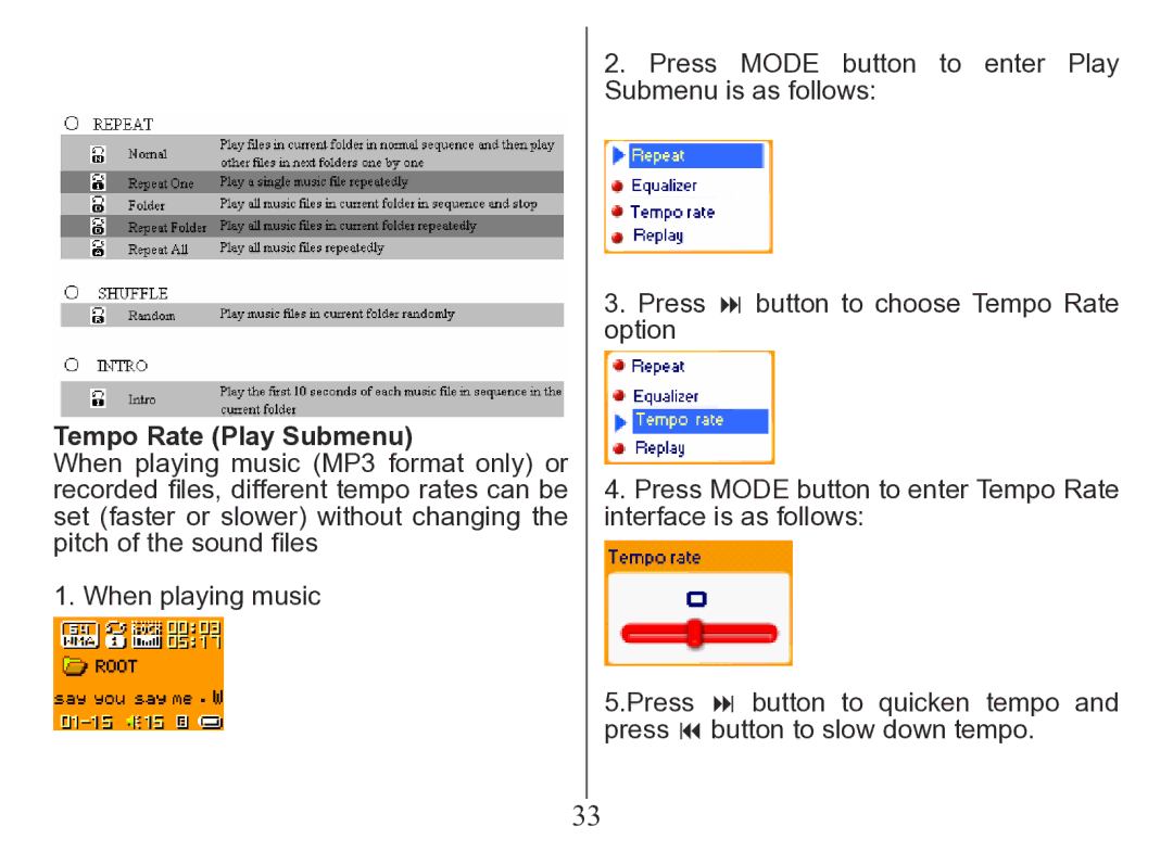 Nextar MA206 instruction manual Tempo Rate Play Submenu 