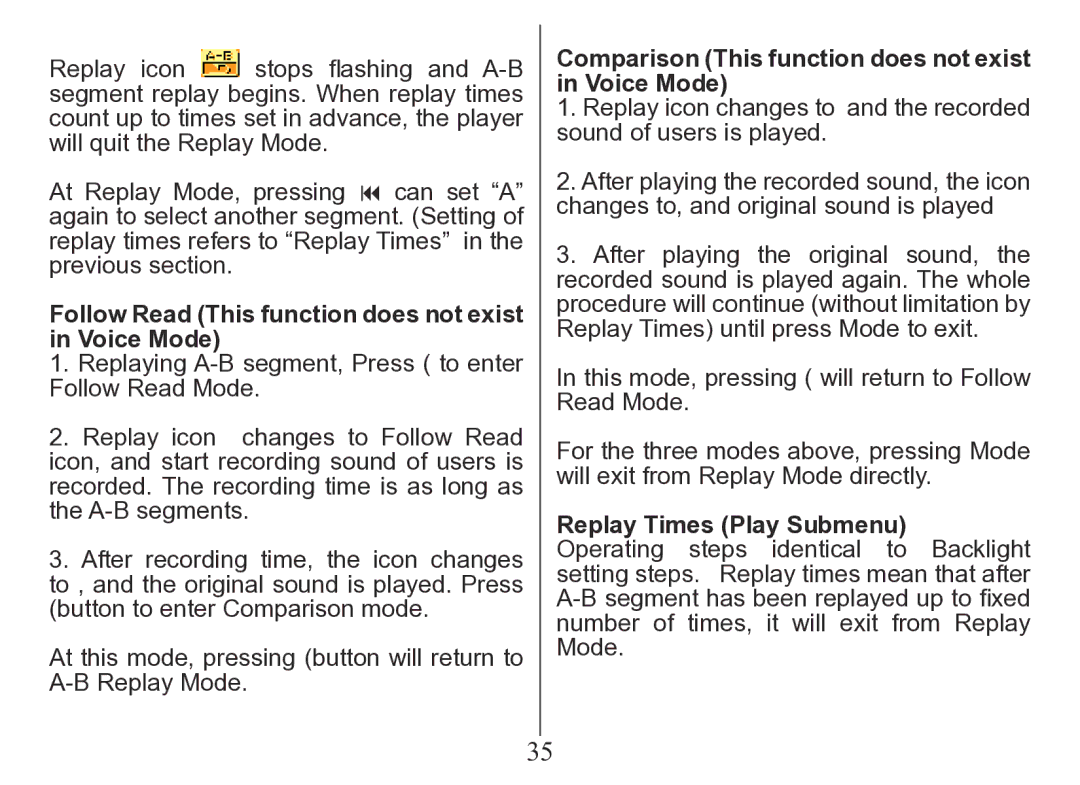 Nextar MA206 Follow Read This function does not exist in Voice Mode, Comparison This function does not exist in Voice Mode 