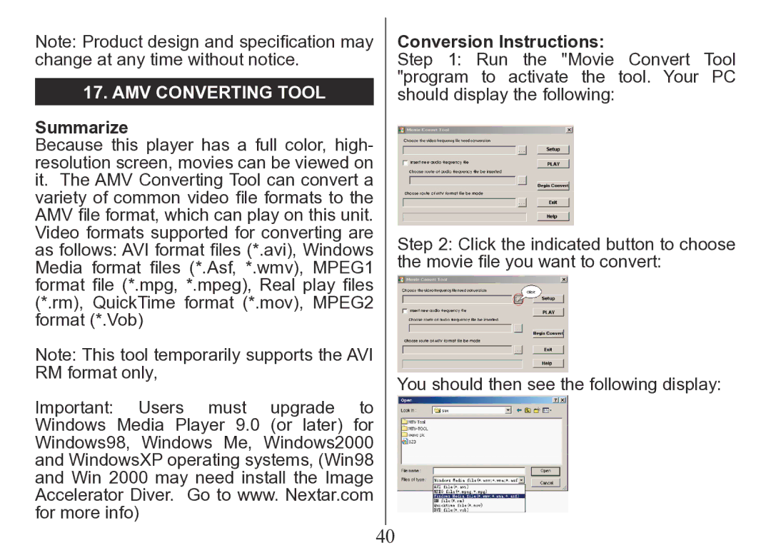 Nextar MA206 instruction manual AMV Converting Tool, Summarize, Conversion Instructions 