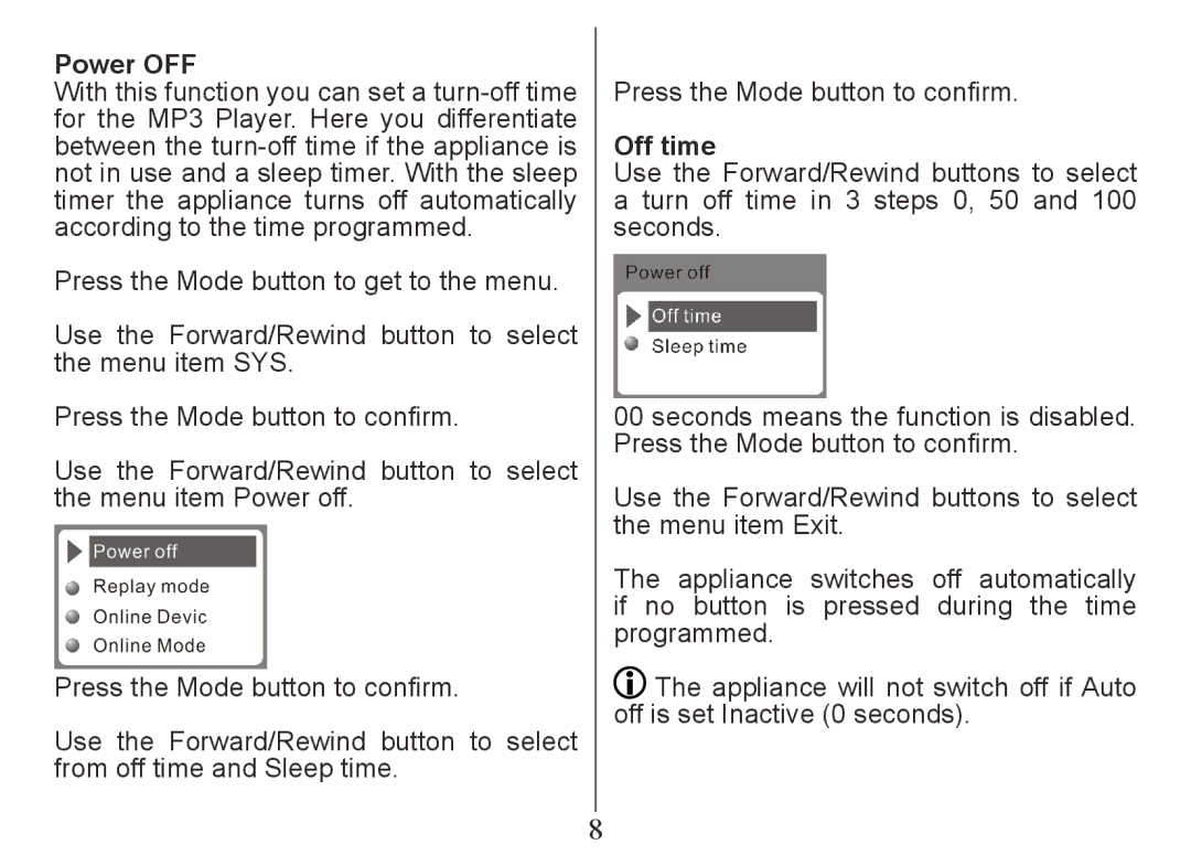 Nextar MA230 instruction manual Power OFF, Off time 