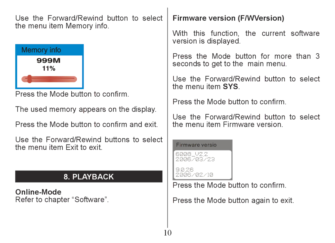 Nextar MA230 instruction manual Playback, Online-Mode, Firmware version F/WVersion 