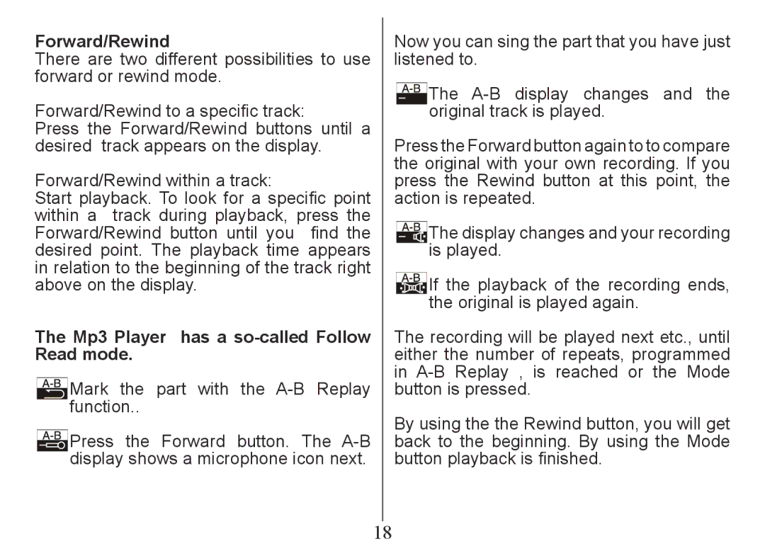 Nextar MA230 instruction manual Forward/Rewind, Mp3 Player has a so-called Follow Read mode 