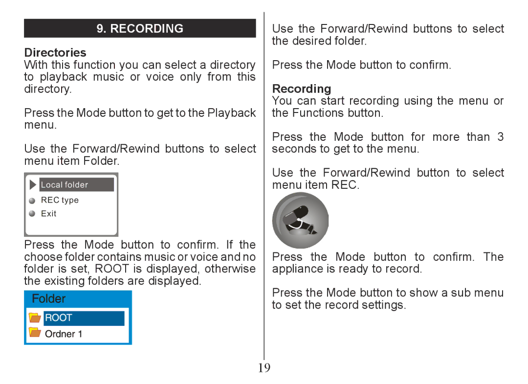 Nextar MA230 instruction manual Recording, Directories 