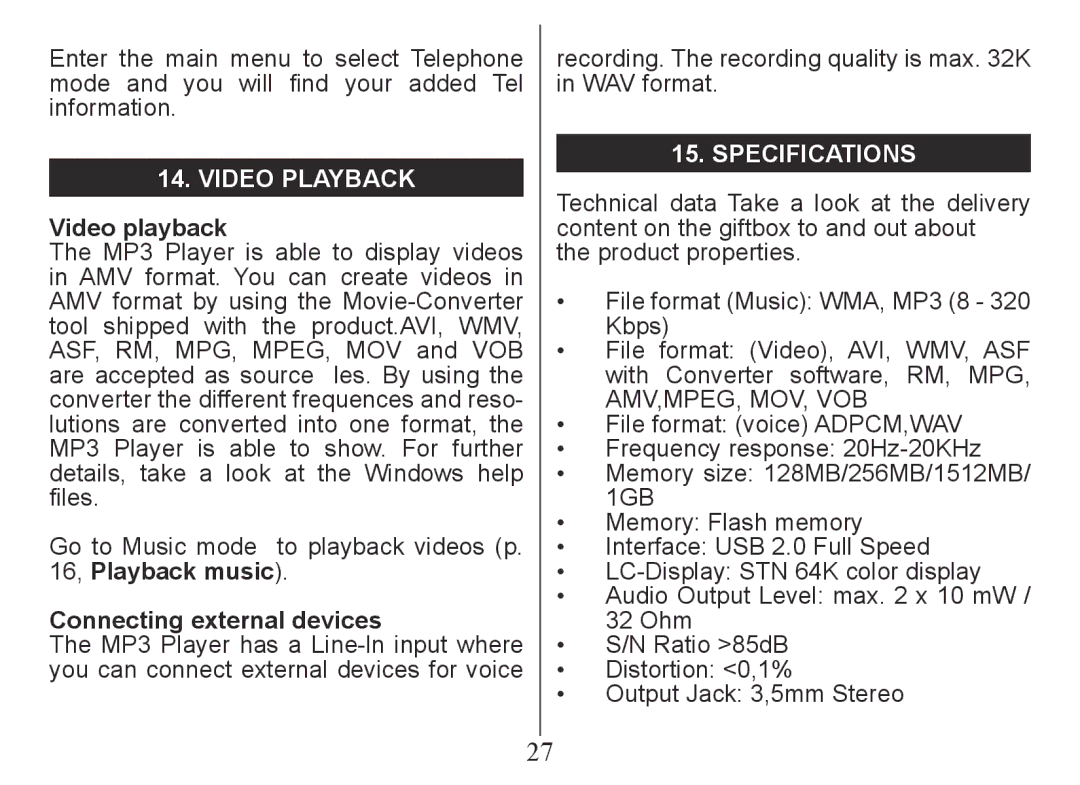 Nextar MA230 instruction manual Video playback, Connecting external devices, Specifications 