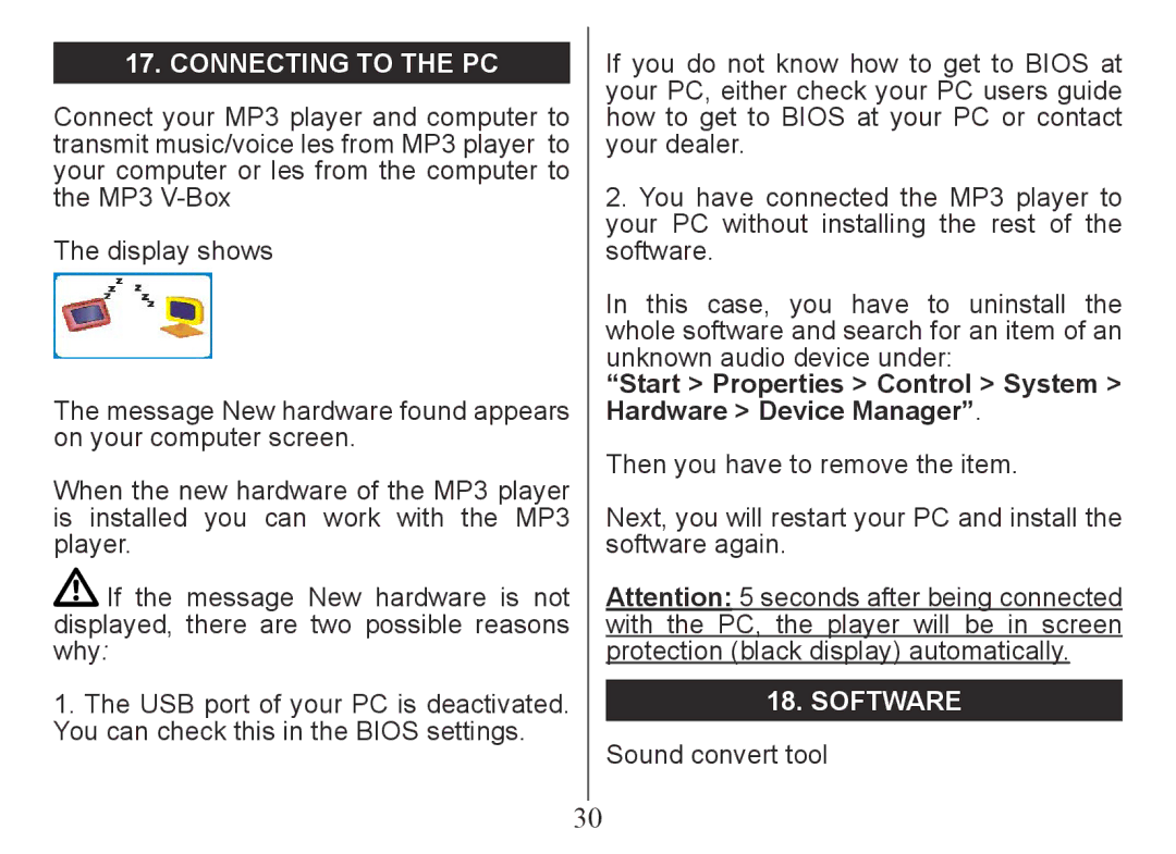 Nextar MA230 instruction manual Connecting to the PC, Start Properties Control System Hardware Device Manager, Software 