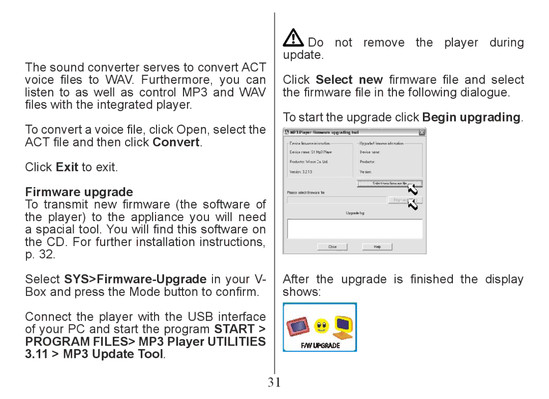 Nextar MA230 instruction manual Firmware upgrade, Program Files MP3 Player UTILI­IES 3.11 MP3 Update Tool 