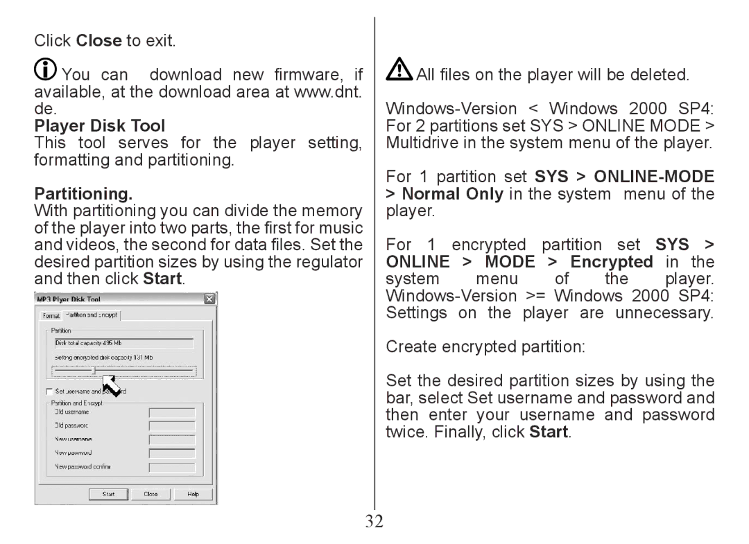 Nextar MA230 instruction manual Player Disk Tool, Partitioning 