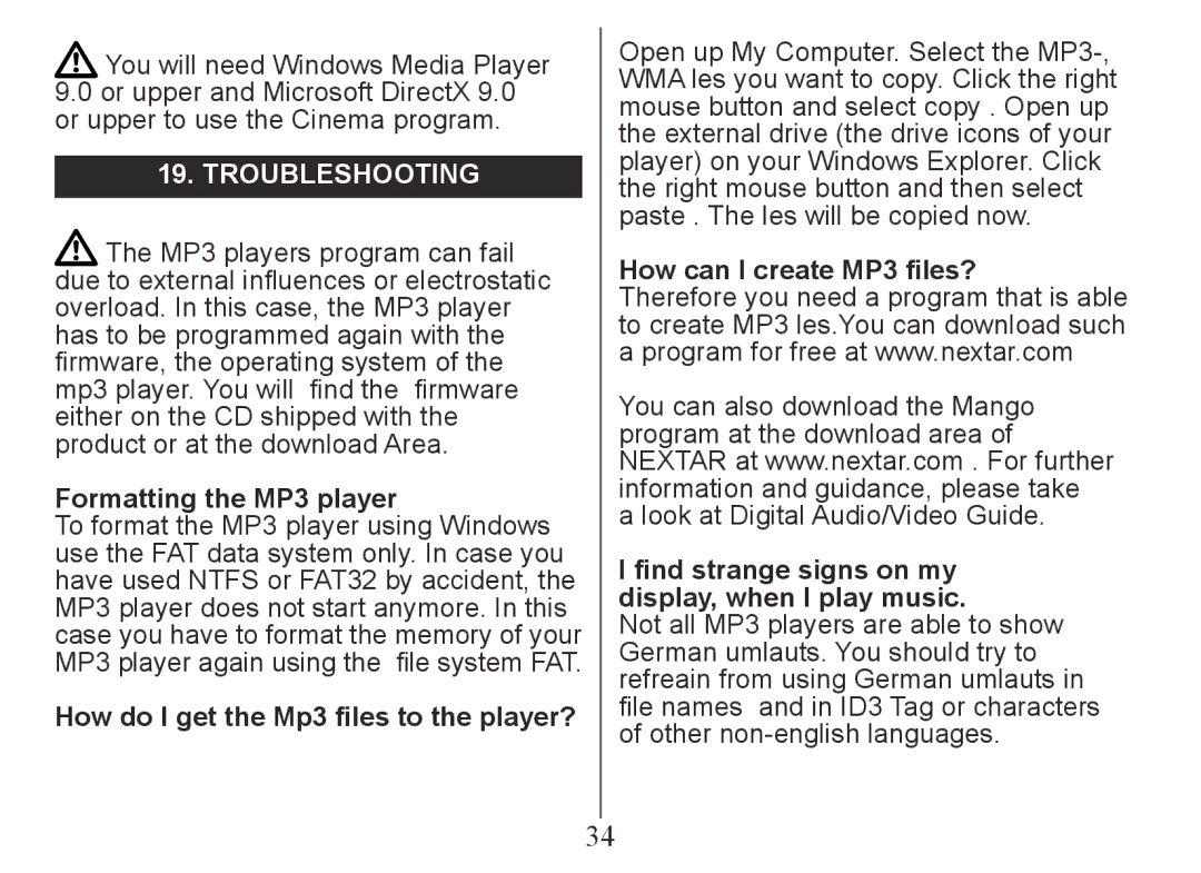 Nextar MA230 instruction manual Troubleshooting, Formatting the MP3 player, How do I get the Mp3 files to the player? 