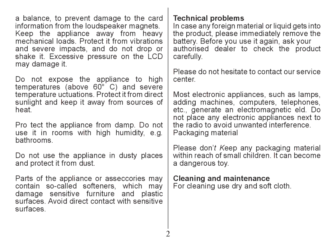 Nextar MA230 instruction manual Technical problems, Cleaning and maintenance 