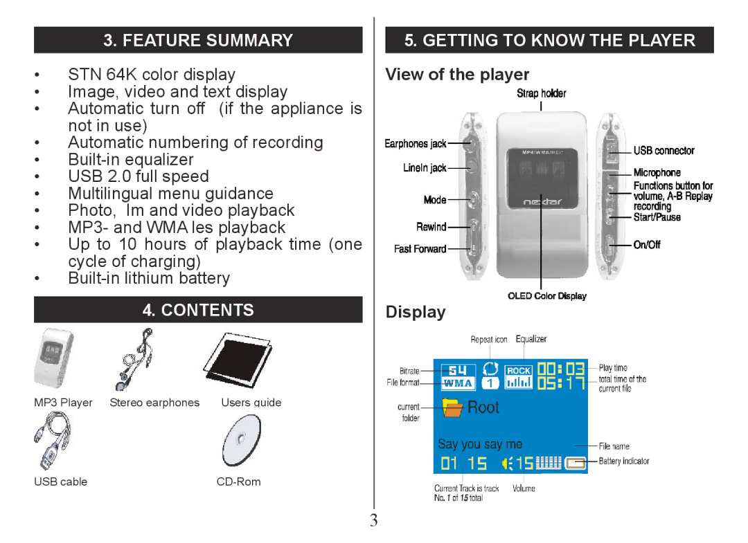 Nextar MA230 instruction manual Feature Summary, Contents, Getting To Know The Player View of the player, Display 