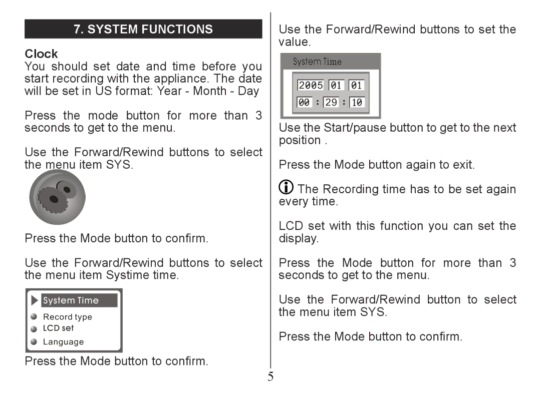 Nextar MA230 instruction manual System Functions, Clock 