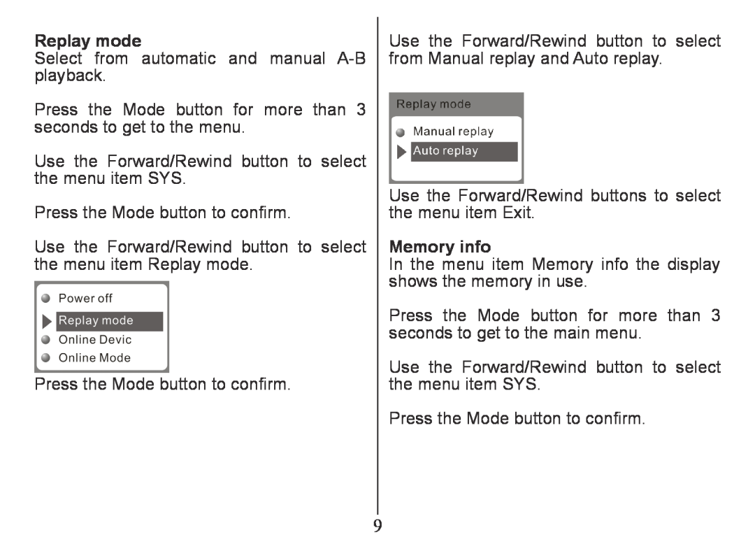 Nextar MA230 instruction manual Replay mode, Memory info 