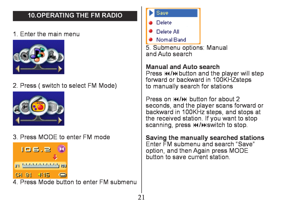 Nextar MA230 instruction manual Operating the FM Radio, Manual and Auto search 