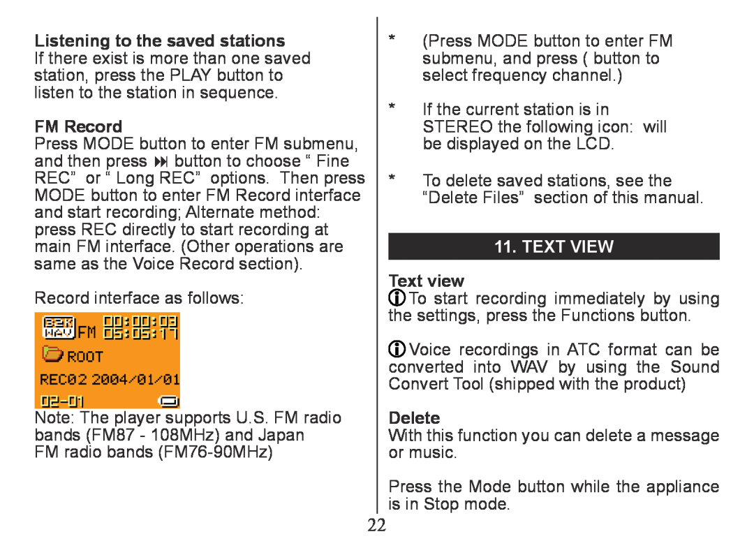 Nextar MA230 instruction manual Listening to the saved stations, FM Record, Text View, Text view, Delete 