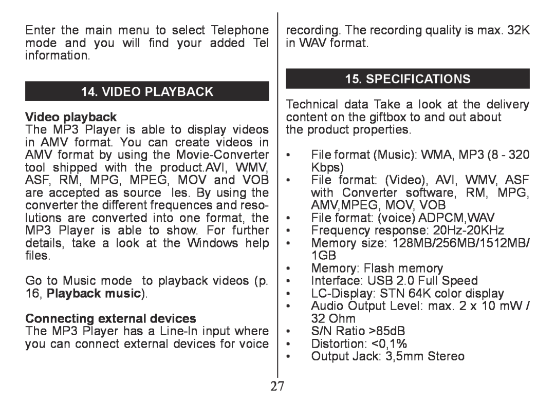Nextar MA230 instruction manual Video playback, Connecting external devices, Specifications 