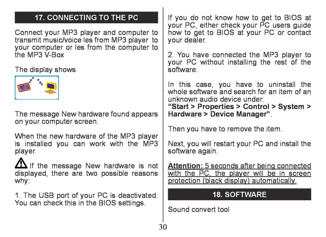 Nextar MA230 instruction manual Connecting to the PC, “Start Properties Control System Hardware Device Manager”, Software 
