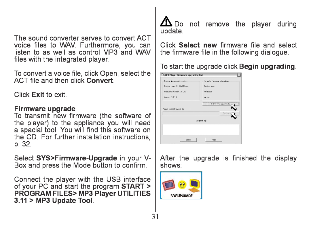 Nextar MA230 instruction manual Firmware upgrade, PROGRAM FILES MP3 Player UTILI­IES 3.11 MP3 Update Tool 