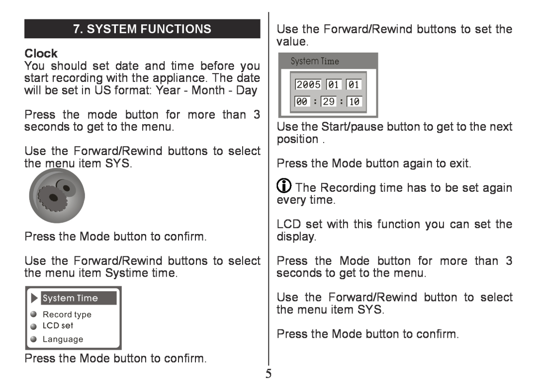 Nextar MA230 instruction manual System Functions, Clock 