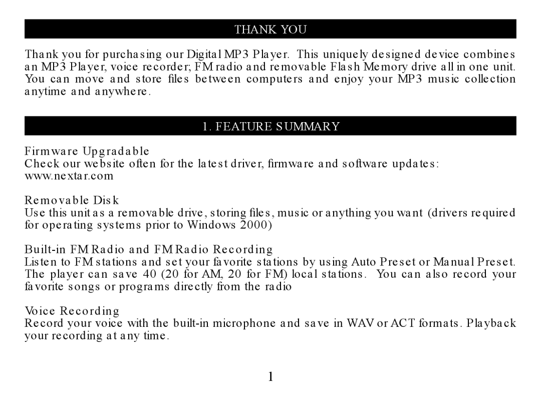 Nextar MA323 instruction manual Thank YOU, Feature Summary 