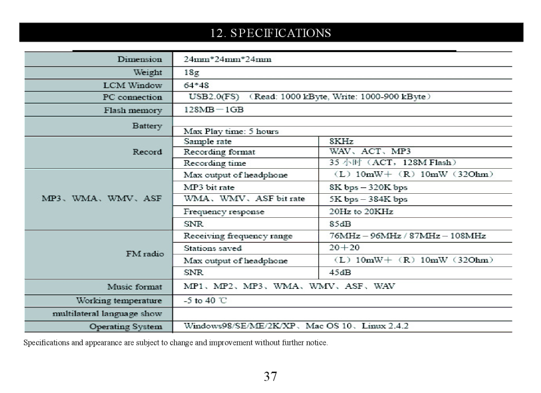 Nextar MA323 instruction manual Specifications 