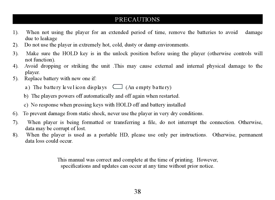 Nextar MA323 instruction manual Recautions 