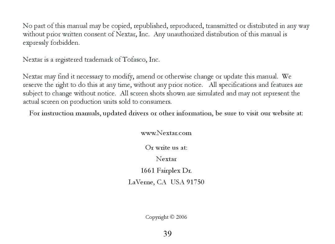 Nextar MA323 instruction manual Copyright 