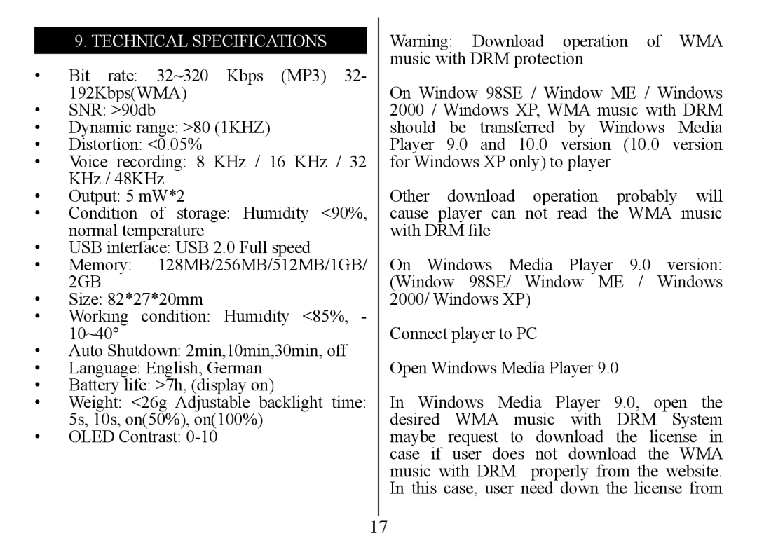 Nextar MA555 instruction manual Technical Specifications 